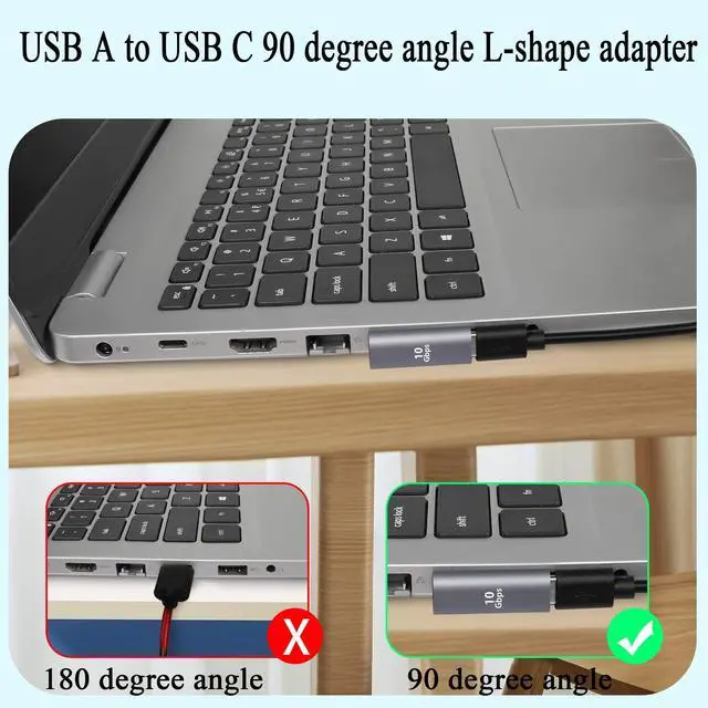 Alt view image 4 of 6 - Vszerda 90° Angle USB C to USB Adapter 10Gbps USB 3.1 Male to USB C Female Left Angle L-Shape Connector,Al Alloy Support 100W Charging, for PC Laptop Tablet, 2Pcs (Left Angle Vertical Bend)
