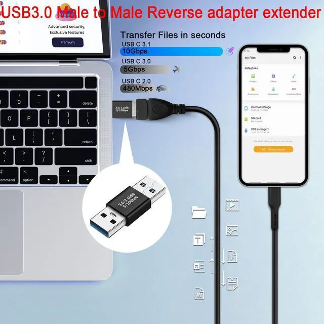 Alt view image 4 of 6 - Vszerda USB3.0 Male to Male 180 Degree Adapter Extender 5Gbps USB3.0 USB3.1 Gen1 Plug to Plug Data Charging Reverse Angle Connector 5V/3A, Al Shell, for Extension USB PC Laptop Tablet PC,2Pcs