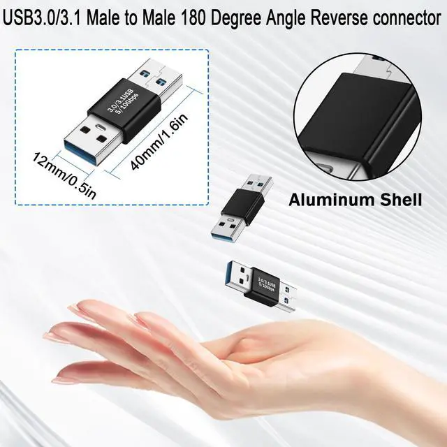 Alt view image 5 of 6 - Vszerda USB3.0 Male to Male 180 Degree Adapter Extender 5Gbps USB3.0 USB3.1 Gen1 Plug to Plug Data Charging Reverse Angle Connector 5V/3A, Al Shell, for Extension USB PC Laptop Tablet PC,2Pcs