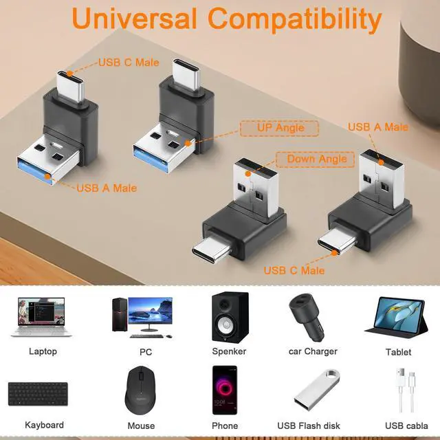 Alt view image 6 of 6 - Vszerda USB3.1 Male to USB C Male 90° Angle Adapter 10Gbps USB3.1 to USB C Charging Connector Right Angle Plug QC60W/PD15W (only A to C), for Phone Wall Charger,4Pcs(2 Up+2 Down)/Positive Bend