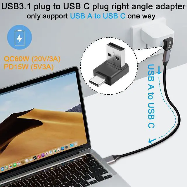 Alt view image 4 of 6 - Vszerda 90° Angle USB3.1 Male to USB C Male Charging Adapter 10Gbps USB3.1 to USB C Data Connector Right Angle Plug QC60W/PD15W (only A to C), for Wall Charger Phone Laptop,4Pcs (Positive Bend/Down)