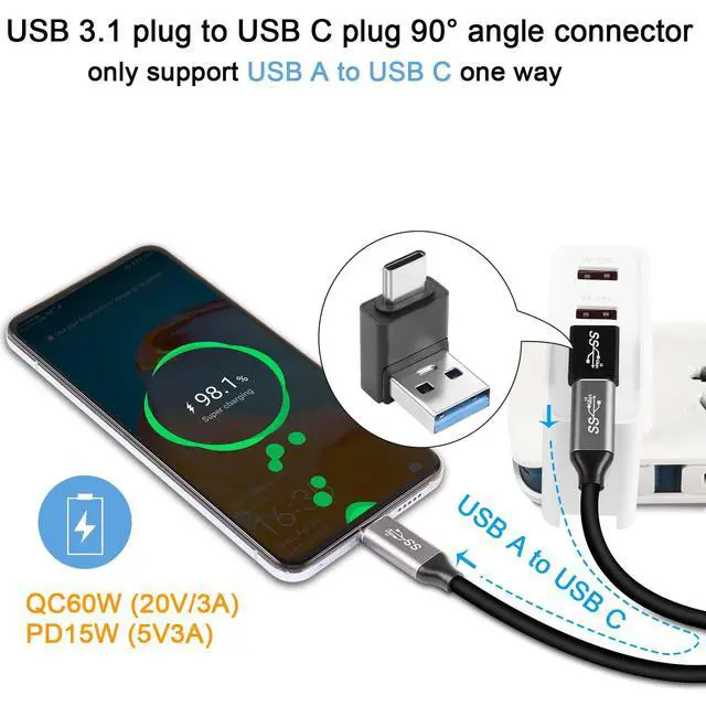 Alt view image 4 of 6 - Vszerda 90° Angle USB3.1 Male to USB C Male Charging Adapter 10Gbps USB3.1 to USB C Data Connector Right Angle Plug QC60W/PD15W (only A to C), for Wall Charger Phone Laptop,4Pcs (Positive Bend/Up)
