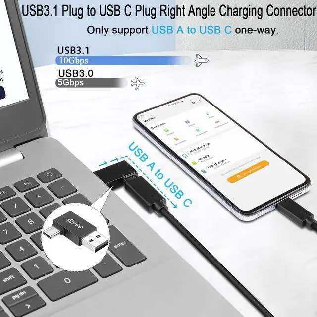 Alt view image 2 of 6 - Vszerda USB3.1 Male to USB C Male 90° Angle Data Adapter 10Gbps USB3.1 Plug to USB C Plug Right Angle Charging Connector QC60W/PD15W (only A to C), for Laptop PC Wall Charger,4Pcs (Right Bend)