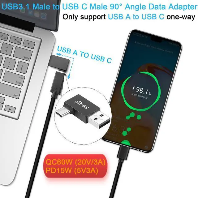 Alt view image 4 of 6 - Vszerda USB3.1 Male to USB C Male 90° Angle Data Adapter 10Gbps USB3.1 Plug to USB C Plug Right Angle Charging Connector QC60W/PD15W (only A to C), for Laptop PC Wall Charger,4Pcs (Right Bend)