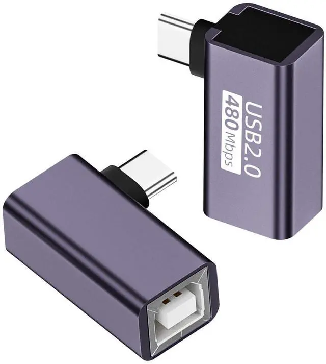 Main image of Vszerda USB C Male to USB B Female 90° Angle Print Connector USB C Plug to MIDI Jack Electronic Instrument Right Angle Adapter 480Mbps 20W Charging,Al Hull,for Electronic Piano Printer Scanner,2Pcs