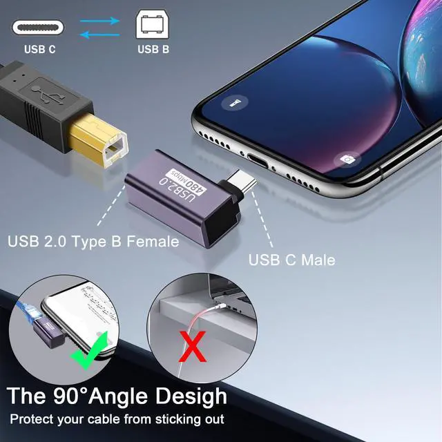Alt view image 2 of 7 - Vszerda USB C Male to USB B Female 90° Angle Print Connector USB C Plug to MIDI Jack Electronic Instrument Right Angle Adapter 480Mbps 20W Charging,Al Hull,for Electronic Piano Printer Scanner,2Pcs