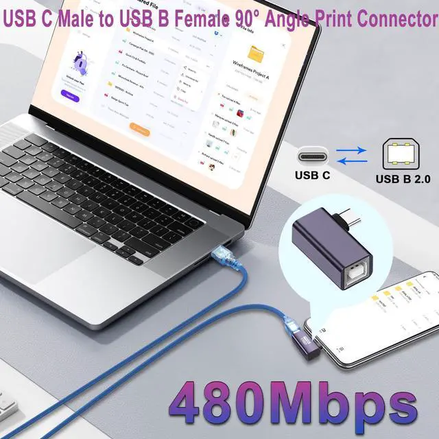 Alt view image 6 of 7 - Vszerda USB C Male to USB B Female 90° Angle Print Connector USB C Plug to MIDI Jack Electronic Instrument Right Angle Adapter 480Mbps 20W Charging,Al Hull,for Electronic Piano Printer Scanner,2Pcs