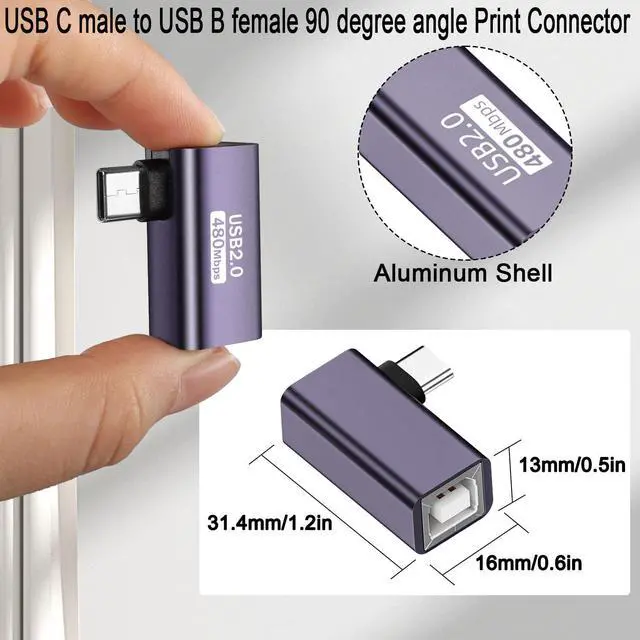 Alt view image 7 of 7 - Vszerda USB C Male to USB B Female 90° Angle Print Connector USB C Plug to MIDI Jack Electronic Instrument Right Angle Adapter 480Mbps 20W Charging,Al Hull,for Electronic Piano Printer Scanner,2Pcs