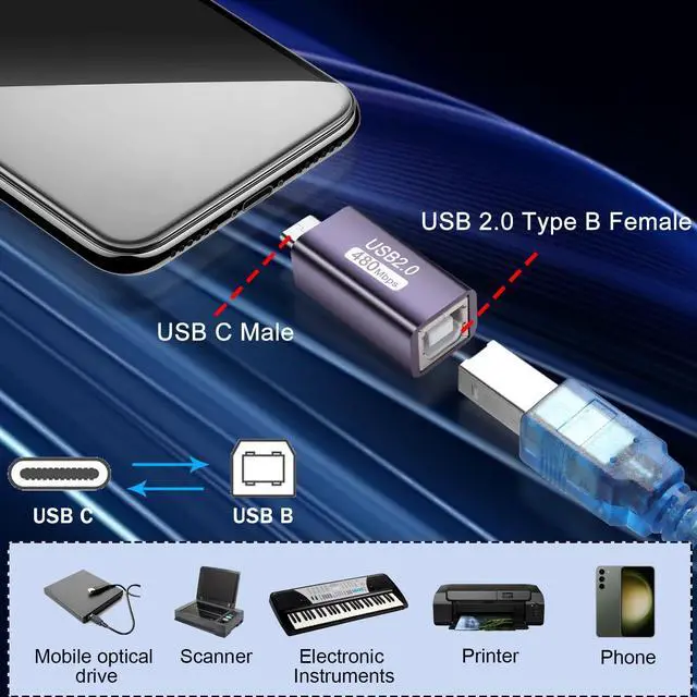 Alt view image 2 of 7 - Vszerda USB C Male to USB B Female Printer Adapter Type C Plug to MIDI Jack Electronic Musical Connector 480Mbps 20W 9V2A Charging,Al Case,for Phone Laptop Printer Electronic Pianos/Drum, 2Pcs