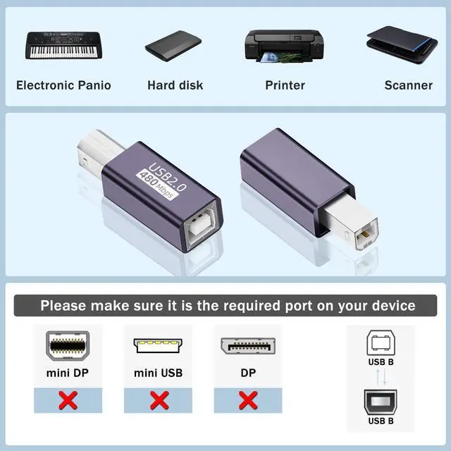Alt view image 2 of 7 - Vszerda USB B Male to Female Printer Connector MIDI Plug to Jack Electronic Musical Instrument Adapter 480Mbps 7W Charging,Al case, for Extend USB B/MIDI Port Printer Scanner Electronic/Drum, 2pcs