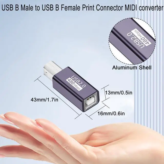 Alt view image 7 of 7 - Vszerda USB B Male to Female Printer Connector MIDI Plug to Jack Electronic Musical Instrument Adapter 480Mbps 7W Charging,Al case, for Extend USB B/MIDI Port Printer Scanner Electronic/Drum, 2pcs
