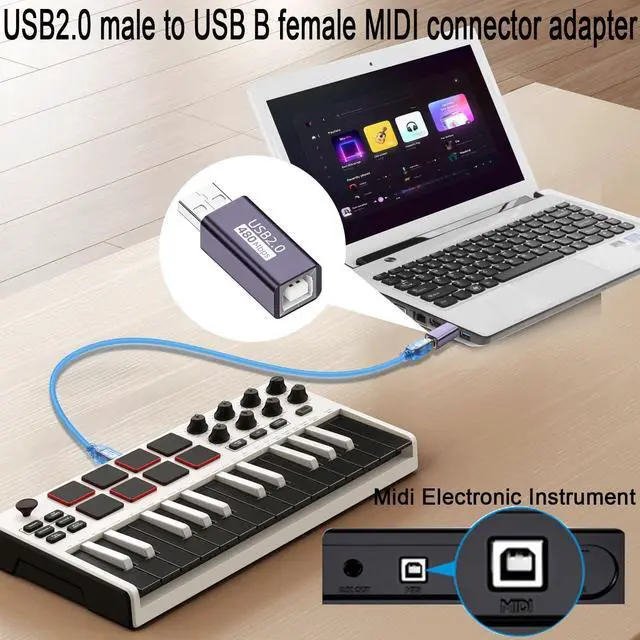 Alt view image 4 of 7 - Vszerda USB2.0 Male to USB B Female Print Adapter USB Plug to MIDI Socket Electronic Instrument Connector Converter 480Mbps 7W Charging, Al case, for Printer Scanner Electronic Piano/Drum, 2Pcs