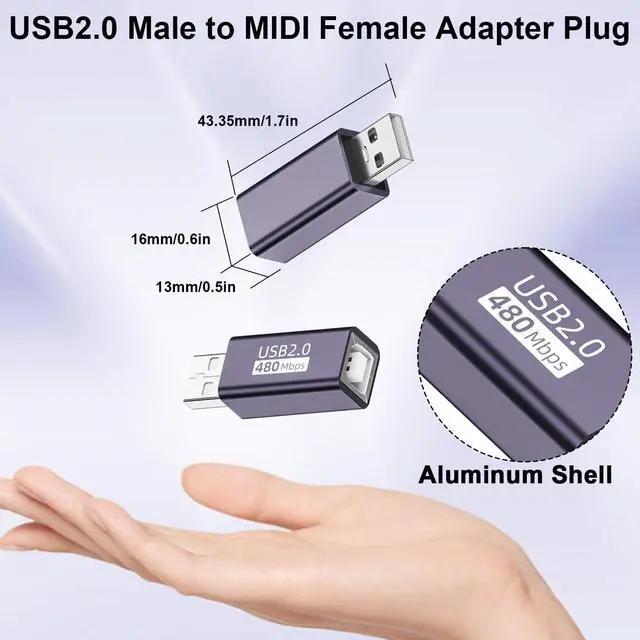 Alt view image 7 of 7 - Vszerda USB2.0 Male to USB B Female Print Adapter USB Plug to MIDI Socket Electronic Instrument Connector Converter 480Mbps 7W Charging, Al case, for Printer Scanner Electronic Piano/Drum, 2Pcs