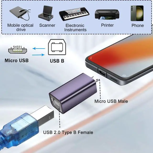Alt view image 2 of 7 - Vszerda Micro USB Male to USB B Female Printer Connector Micro USB Plug to MIDI Jack Electronic Instrument Adapter 480Mbps 7W Charging, Al Housing, for Electronic Piano/Drum Printer Scanner, 2Pcs