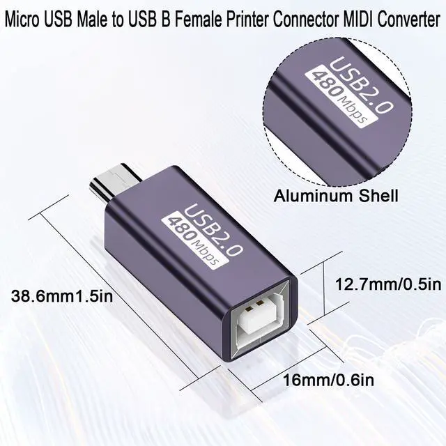 Alt view image 7 of 7 - Vszerda Micro USB Male to USB B Female Printer Connector Micro USB Plug to MIDI Jack Electronic Instrument Adapter 480Mbps 7W Charging, Al Housing, for Electronic Piano/Drum Printer Scanner, 2Pcs