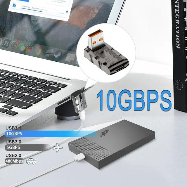 Alt view image 2 of 7 - Vszerda Metal Mecha Model USB3.1 to USB C 90° Angle Adapter 10Gbps 120W USB3.1 Male to USB C Female Right Angle Data Connector, LED Light, for Wall Charger PC Laptop, Positive Bend (C Port Down)