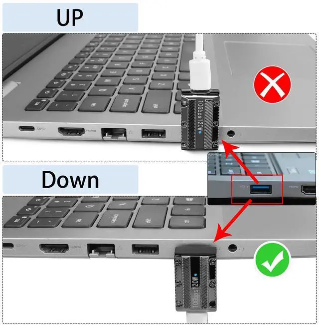 Alt view image 4 of 7 - Vszerda Metal Mecha Model USB3.1 to USB C 90° Angle Adapter 10Gbps 120W USB3.1 Male to USB C Female Right Angle Data Connector, LED Light, for Wall Charger PC Laptop, Positive Bend (C Port Down)