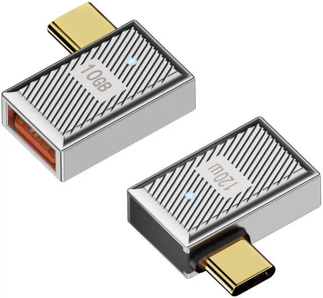 Main image of Vszerda 10Gbps USB C to USB3.1 90° Angle OTG Adapter 120W Type C Male to USB3.1 Female Right Angle Charger Data Connector, Zn Alloy/LED Light, for Phone Laptop Tablet, Silvery/Side Bend, 2Pcs