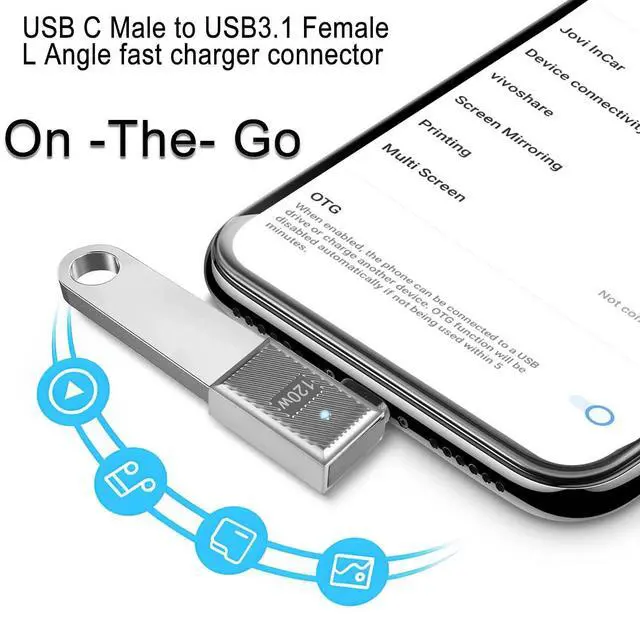 Alt view image 2 of 7 - Vszerda 10Gbps USB C to USB3.1 90° Angle OTG Adapter 120W Type C Male to USB3.1 Female Right Angle Charger Data Connector, Zn Alloy/LED Light, for Phone Laptop Tablet, Silvery/Side Bend, 2Pcs