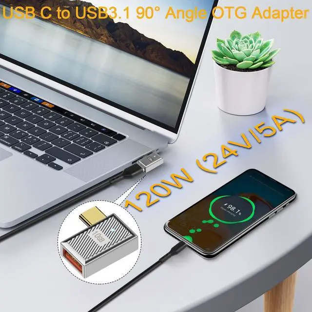 Alt view image 3 of 7 - Vszerda 10Gbps USB C to USB3.1 90° Angle OTG Adapter 120W Type C Male to USB3.1 Female Right Angle Charger Data Connector, Zn Alloy/LED Light, for Phone Laptop Tablet, Silvery/Side Bend, 2Pcs