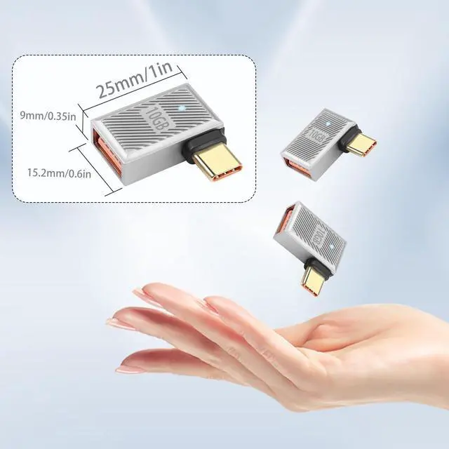 Alt view image 6 of 7 - Vszerda 10Gbps USB C to USB3.1 90° Angle OTG Adapter 120W Type C Male to USB3.1 Female Right Angle Charger Data Connector, Zn Alloy/LED Light, for Phone Laptop Tablet, Silvery/Side Bend, 2Pcs