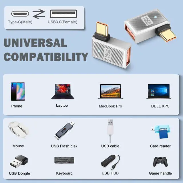 Alt view image 7 of 7 - Vszerda 10Gbps USB C to USB3.1 90° Angle OTG Adapter 120W Type C Male to USB3.1 Female Right Angle Charger Data Connector, Zn Alloy/LED Light, for Phone Laptop Tablet, Silvery/Side Bend, 2Pcs