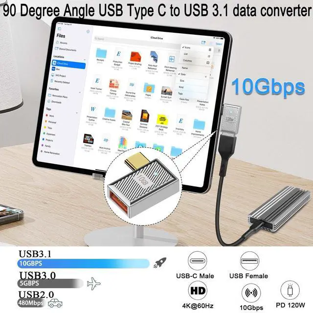 Alt view image 4 of 7 - Vszerda 10Gbps USB C to USB3.1 90° Angle OTG Adapter 120W Type C Male to USB3.1 Female Right Angle Charger Data Connector, Zn Alloy/LED Light, for Phone Laptop Tablet, Silvery/Side Bend, 2Pcs