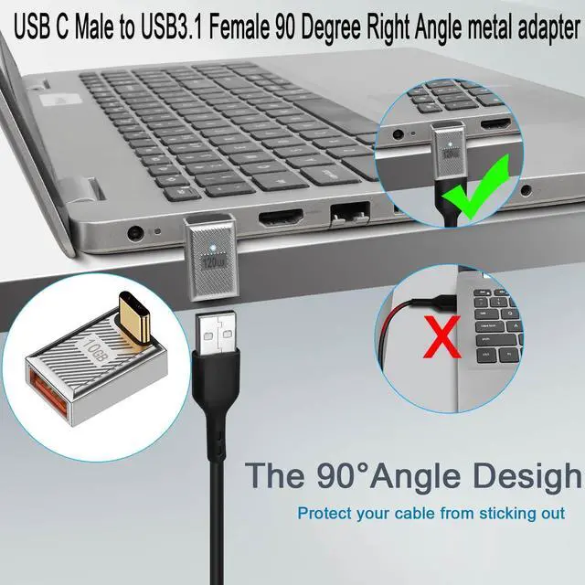 Alt view image 2 of 7 - Vszerda 120W 90° Angle USB C to USB3.1 OTG Adapter 10Gbps USB C Male to USB3.1 Female Right Angle Data Connector 24V5A Charging/Zn Alloy/LED, for Phone Tablet Steam Deck, Silver/Positive Bend, 2Pcs