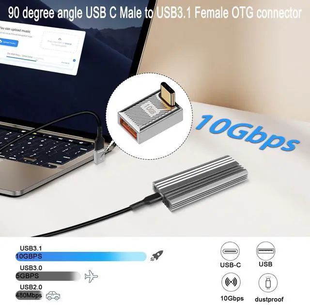 Alt view image 4 of 7 - Vszerda 120W 90° Angle USB C to USB3.1 OTG Adapter 10Gbps USB C Male to USB3.1 Female Right Angle Data Connector 24V5A Charging/Zn Alloy/LED, for Phone Tablet Steam Deck, Silver/Positive Bend, 2Pcs