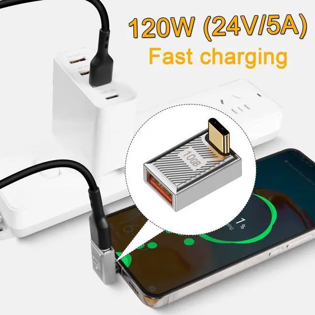 Alt view image 5 of 7 - Vszerda 120W 90° Angle USB C to USB3.1 OTG Adapter 10Gbps USB C Male to USB3.1 Female Right Angle Data Connector 24V5A Charging/Zn Alloy/LED, for Phone Tablet Steam Deck, Silver/Positive Bend, 2Pcs