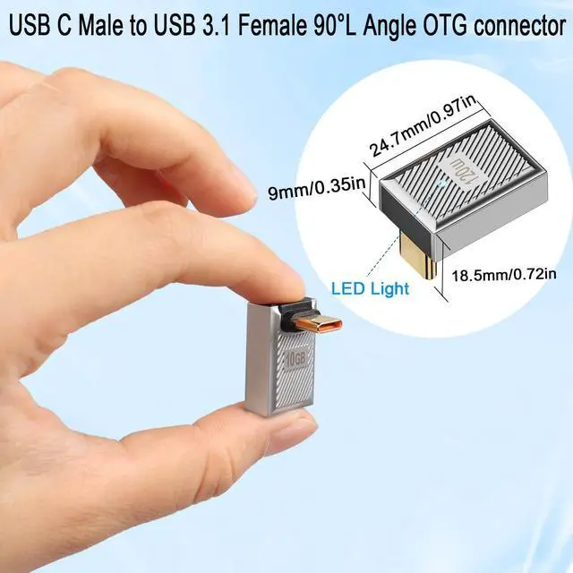 Alt view image 7 of 7 - Vszerda 120W 90° Angle USB C to USB3.1 OTG Adapter 10Gbps USB C Male to USB3.1 Female Right Angle Data Connector 24V5A Charging/Zn Alloy/LED, for Phone Tablet Steam Deck, Silver/Positive Bend, 2Pcs