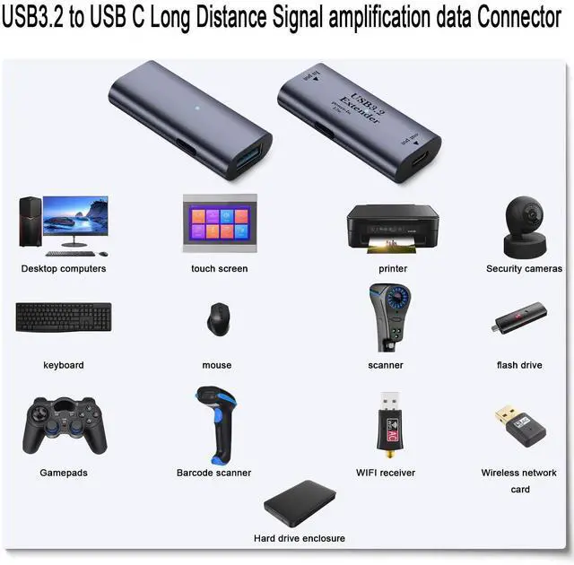 Alt view image 7 of 7 - Vszerda 5Gbps USB3.2 to USB C Charging Data Extender Adapter Conversion Extension 10m/32.8ft USB3.2 Input to USB C Output Long Distance Signal Amplification Connector 5V/3A, USB C 15W Power Port