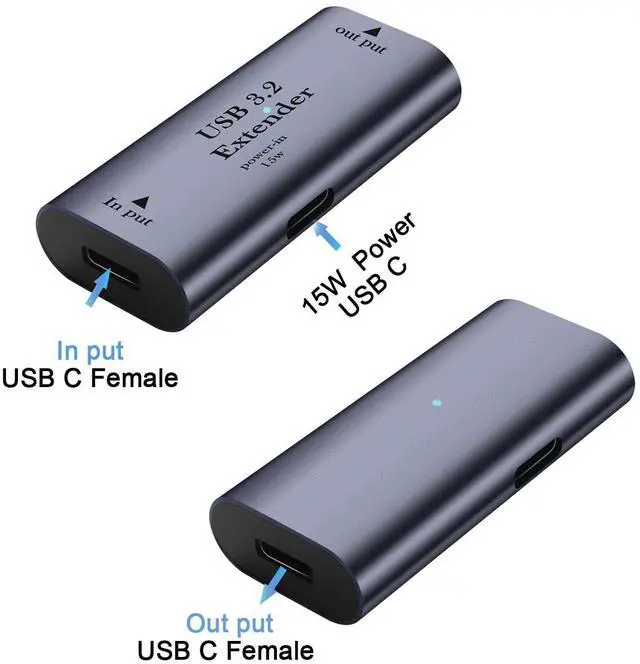 Alt view image 2 of 7 - Vszerda USB C Signal Amplifier Extender Adapter Extension 10m/32.8ft USB C 3.2 Long Distance Charging Data Connector 5Gbps 5V/3A, Built-in Chip/LED/Al Alloy Shell, with USB C 15W Power Port