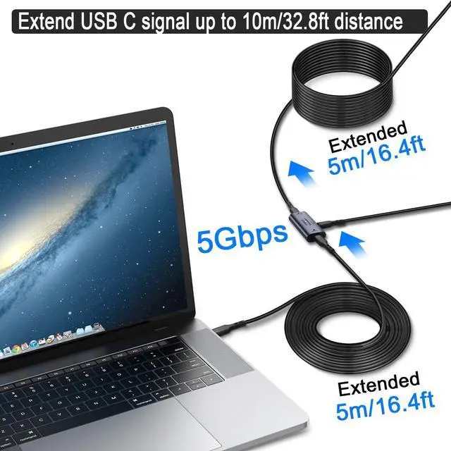 Alt view image 3 of 7 - Vszerda USB C Signal Amplifier Extender Adapter Extension 10m/32.8ft USB C 3.2 Long Distance Charging Data Connector 5Gbps 5V/3A, Built-in Chip/LED/Al Alloy Shell, with USB C 15W Power Port