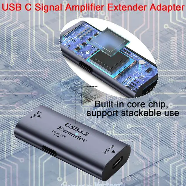 Alt view image 5 of 7 - Vszerda USB C Signal Amplifier Extender Adapter Extension 10m/32.8ft USB C 3.2 Long Distance Charging Data Connector 5Gbps 5V/3A, Built-in Chip/LED/Al Alloy Shell, with USB C 15W Power Port