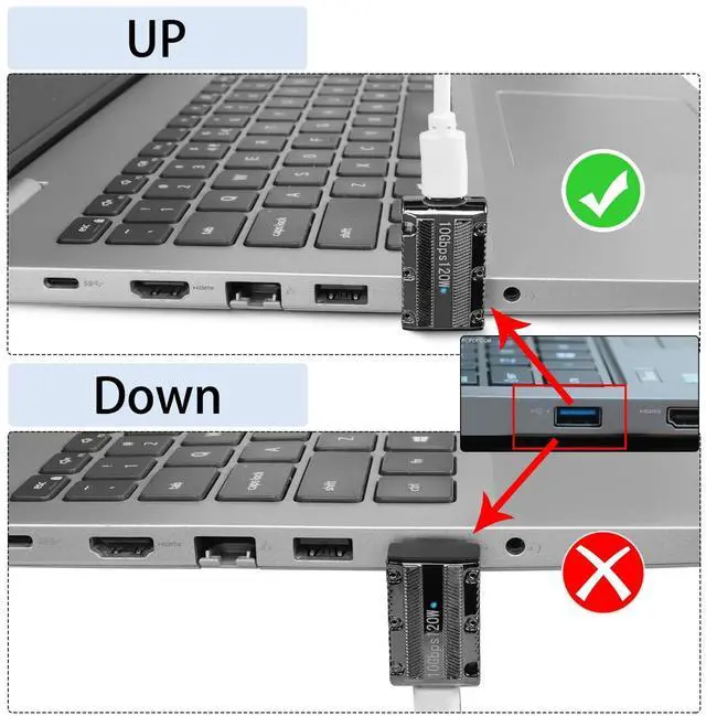 Alt view image 4 of 7 - Vszerda 10Gbps 120W USB3.1 to USB C 90° Angle Adapter Metal Mech Style USB3.1 Male to Type C Female Right Angle Connector, LED/Hanging Hole, for Laptop PC Wall Charger, Positive Bend (C Port up)