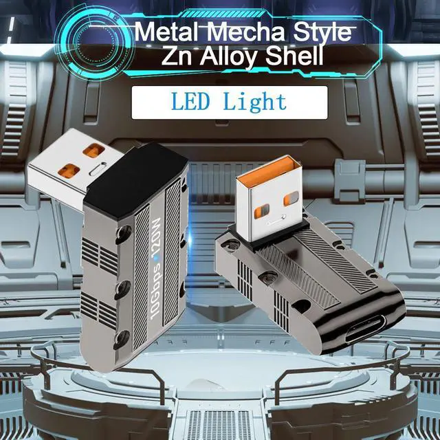 Alt view image 5 of 7 - Vszerda 10Gbps 120W USB3.1 to USB C 90° Angle Adapter Metal Mech Style USB3.1 Male to Type C Female Right Angle Connector, LED/Hanging Hole, for Laptop PC Wall Charger, Positive Bend (C Port up)