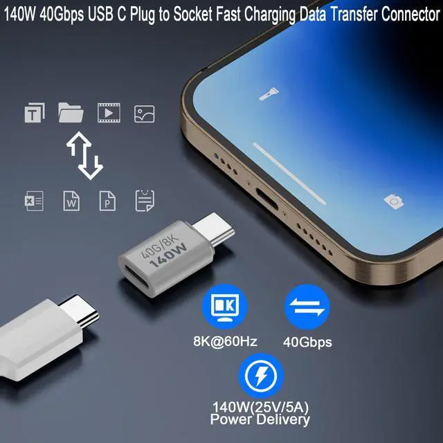 Alt view image 5 of 7 - Vszerda 140W USB C Adapter Extender 40Gbps USB Type C 4.0 Male to Female Data Connector, Support PD140W (28V5A)/8K@60Hz Cast Screen, Al Alloy Hull, for Thunderbolt 3 iPhone 15 Steam Deck, 2Pcs