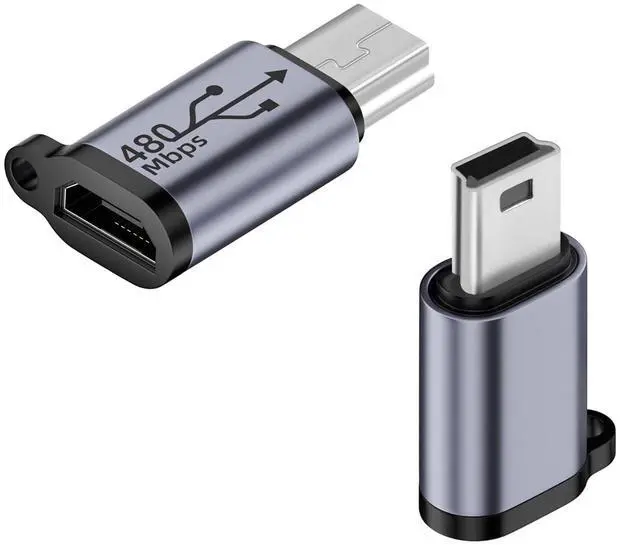 Main image of Vszerda Mini USB Male to Micro USB Female Adapter Mini USB Plug to Micro USB2.0 Jack Charging Data Connector 480Mbps 18W 9V/2A, Al Alloy/Hook Hole, for Digital Camera MP3 Mobile Hard Drive, 2Pcs