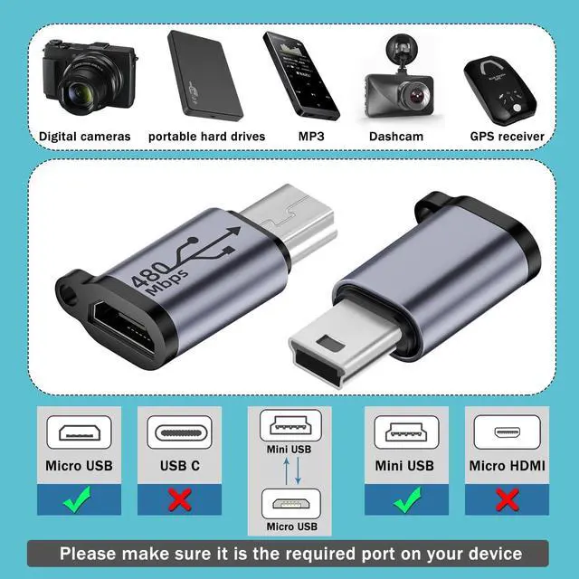 Alt view image 2 of 6 - Vszerda Mini USB Male to Micro USB Female Adapter Mini USB Plug to Micro USB2.0 Jack Charging Data Connector 480Mbps 18W 9V/2A, Al Alloy/Hook Hole, for Digital Camera MP3 Mobile Hard Drive, 2Pcs