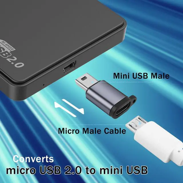 Alt view image 5 of 6 - Vszerda Mini USB Male to Micro USB Female Adapter Mini USB Plug to Micro USB2.0 Jack Charging Data Connector 480Mbps 18W 9V/2A, Al Alloy/Hook Hole, for Digital Camera MP3 Mobile Hard Drive, 2Pcs