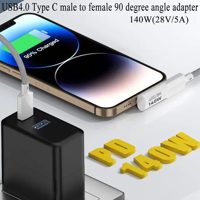 Alt view image 2 of 7 - Vszerda 90° Angle USB4.0 C Data Adapter Extender 140W 40Gbps Type C Male to Female Right Angle Charging Connector PD140W/8K@60Hz,Al Hull,for Thunderbolt 3 iPhone 15 Steam Deck,2Pcs (Vertical Bend)
