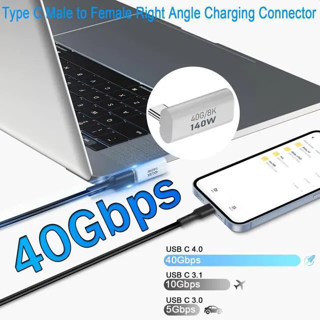 Alt view image 3 of 7 - Vszerda 90° Angle USB4.0 C Data Adapter Extender 140W 40Gbps Type C Male to Female Right Angle Charging Connector PD140W/8K@60Hz,Al Hull,for Thunderbolt 3 iPhone 15 Steam Deck,2Pcs (Vertical Bend)