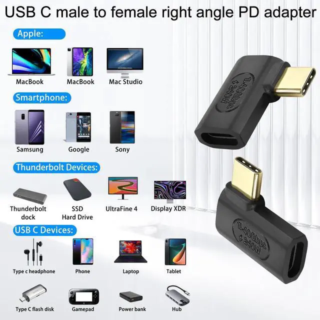 Alt view image 7 of 7 - Vszerda 240W USB4.0 C 90° Angle Adapter 40Gbps USB C 4.0 Male to Female L Shaped Angled Connector PD240W/50V Charging,8K Audio/Video Transfer,for Tablet Smartphone Steam Deck, 2Pcs(Side Bend)