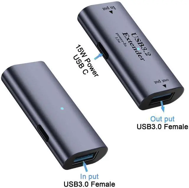 Alt view image 2 of 7 - Vszerda 5Gbps USB3.2 Signal Amplifier Extender Adapter Extension 10m/32.8ft USB3.2 Long Distance Charging Data Connector Coupler 5V/3A, Built-in Chip/LED/Al Alloy Shell, with 15W USB C Power Port