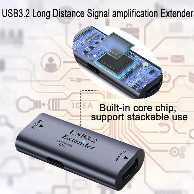 Alt view image 5 of 7 - Vszerda 5Gbps USB3.2 Signal Amplifier Extender Adapter Extension 10m/32.8ft USB3.2 Long Distance Charging Data Connector Coupler 5V/3A, Built-in Chip/LED/Al Alloy Shell, with 15W USB C Power Port