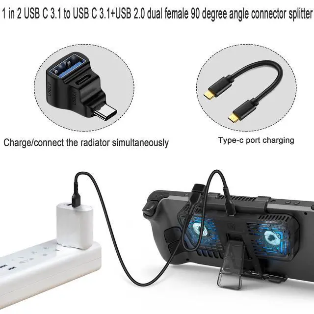 Alt view image 3 of 7 - Vszerda 90 Angle USB-C 1 in 2 Adapter, USB 3.1 Male to USB 3.1+USB 2.0 Dual Female,Perfect for Phone, Laptop, Tablet, Steam Deck, Switch 20Gbps/100W Charging & Projection
