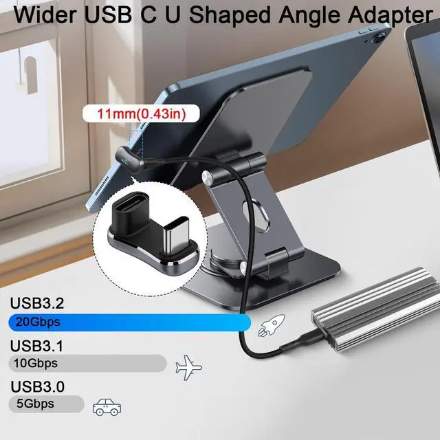 Alt view image 3 of 7 - Vszerda Wider USB C U Shaped Angle Adapter 140W 20Gbps USB3.2 Type C Male to Female Wide Distance 180 Degree Connector,Support 4k@60HZ LED/Al Alloy, for Steam Deck Smartphone Laptop Tablet