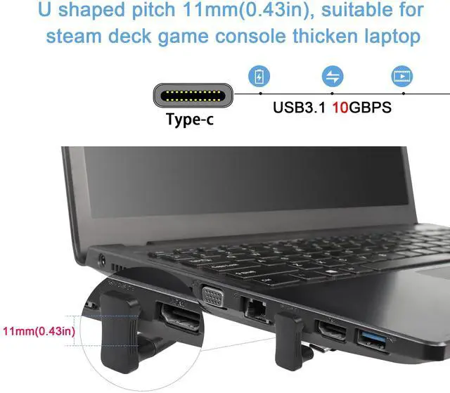 Alt view image 3 of 7 - Vszerda Wider U Shaped Angle USB C Adapter 10Gbps USB3.1 Type C Male to Female U Shaped Wide Distance Connector, Support 4k@60HZ HD Audio/Video 100W, for Smartphone Laptop Tablet Steam Deck