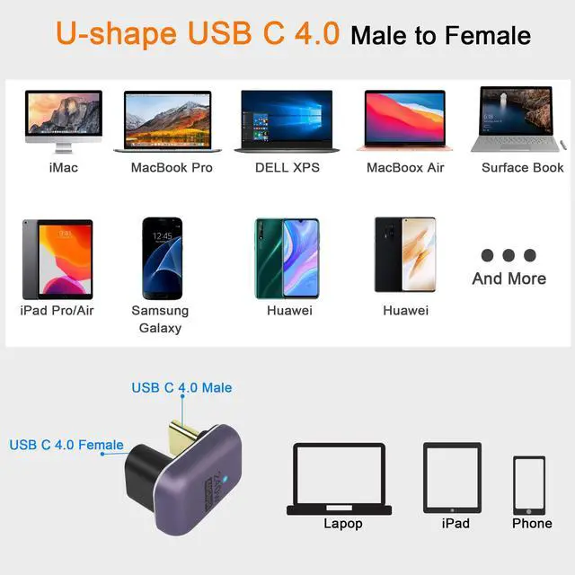 Alt view image 7 of 7 - Vszerda 240W 40Gbps USB C U Shaped Adapter USB4.0 Type C Male to Female 180 Degree Angle Connector, LED Indicator 8k@60HZ Audio and Video Transmission, for Smartphone Laptop Tablet